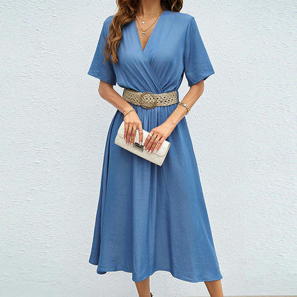 Women's Wrap V Neck Short Sleeve A Line Flowy Long Dress