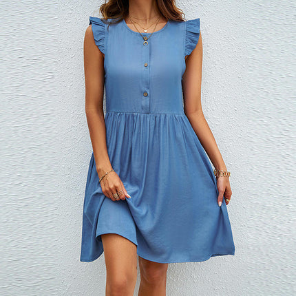 Women's Summer Crew Neck Ruffle Cap Sleeve Casual Mini A-Line Babydoll Dress