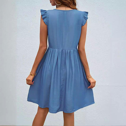 Women's Summer Crew Neck Ruffle Cap Sleeve Casual Mini A-Line Babydoll Dress