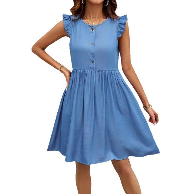 Women's Summer Crew Neck Ruffle Cap Sleeve Casual Mini A-Line Babydoll Dress