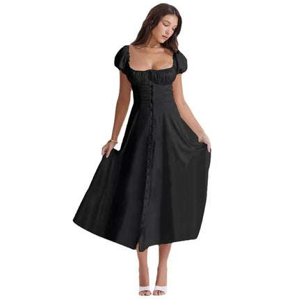 Women's Summer Puff Short Sleeve Square Neck Button Down A-Line Maxi Dress