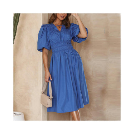 Womens Summer Maxi Dress V Neck Puff Short Sleeve Beach Flowy Long Dresses