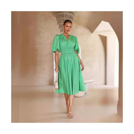 Womens Summer Maxi Dress V Neck Puff Short Sleeve Beach Flowy Long Dresses