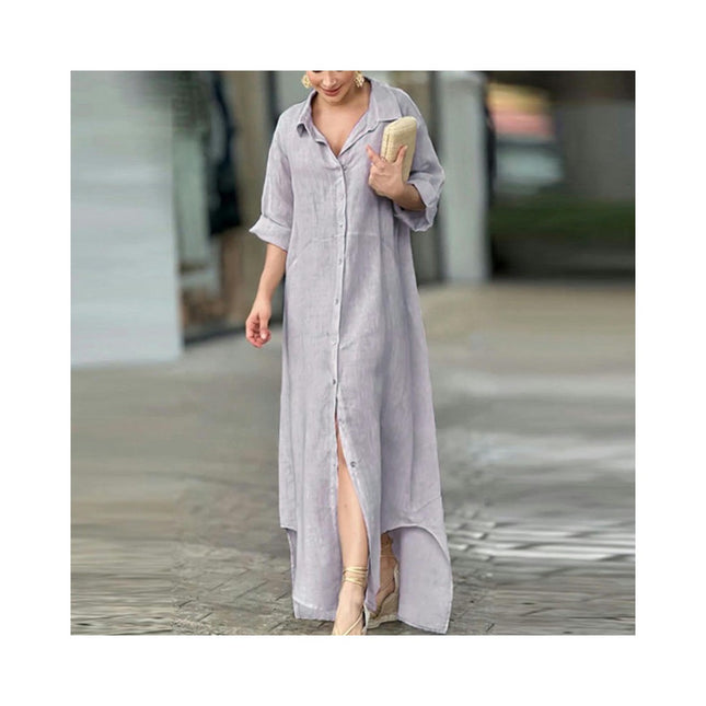 Women's Basic Loose Fit Long Sleeve Button Up Maxi Shirt Dress