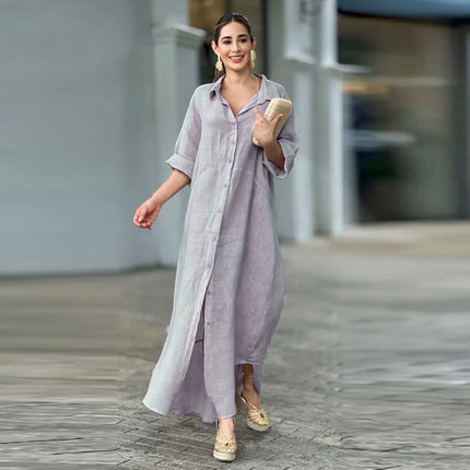 Women's Basic Loose Fit Long Sleeve Button Up Maxi Shirt Dress