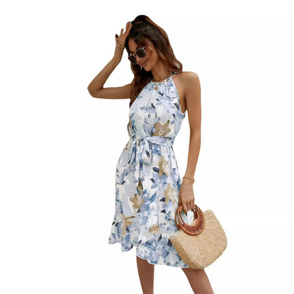 Womens Boho Tie Waist Sleeveless Halter Neck Midi Dress