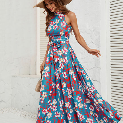 Womens Floral Summer Sleeveless Halter Neck Flowy Long Dresses with Belt