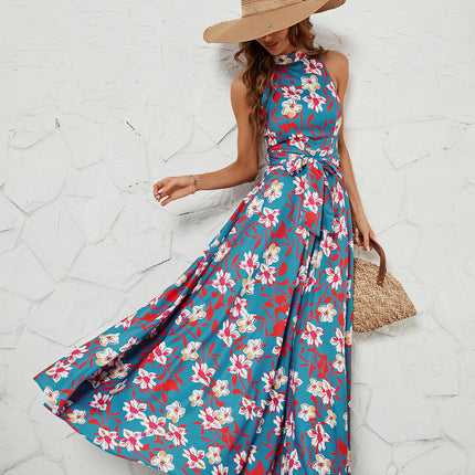 Womens Floral Summer Sleeveless Halter Neck Flowy Long Dresses with Belt