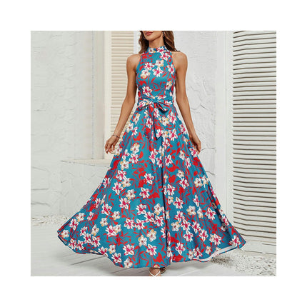 Womens Floral Summer Sleeveless Halter Neck Flowy Long Dresses with Belt