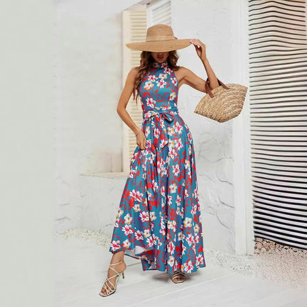 Womens Floral Summer Sleeveless Halter Neck Flowy Long Dresses with Belt