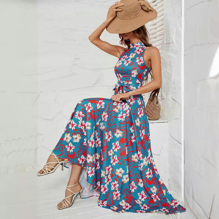 Womens Floral Summer Sleeveless Halter Neck Flowy Long Dresses with Belt