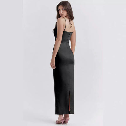 Women's Spaghetti Straps Square Neck Slit Bodycon Cocktail Party Maxi Dress