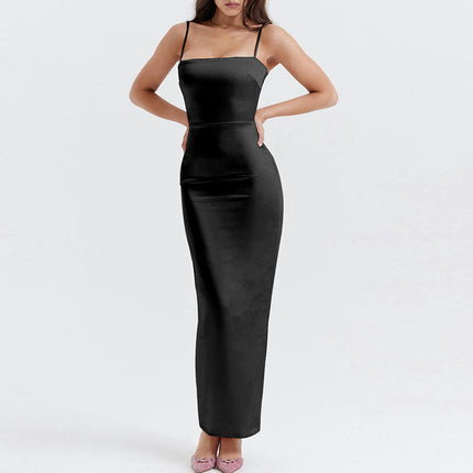 Women's Spaghetti Straps Square Neck Slit Bodycon Cocktail Party Maxi Dress