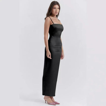 Women's Spaghetti Straps Square Neck Slit Bodycon Cocktail Party Maxi Dress