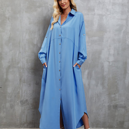 Women's Button Down Maxi Shirts Casual Loose Roll Up Long Sleeve Shirt Split Dress