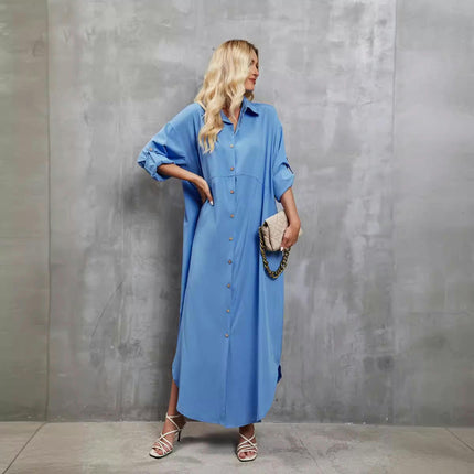 Women's Button Down Maxi Shirts Casual Loose Roll Up Long Sleeve Shirt Split Dress