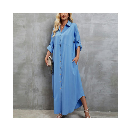 Women's Button Down Maxi Shirts Casual Loose Roll Up Long Sleeve Shirt Split Dress