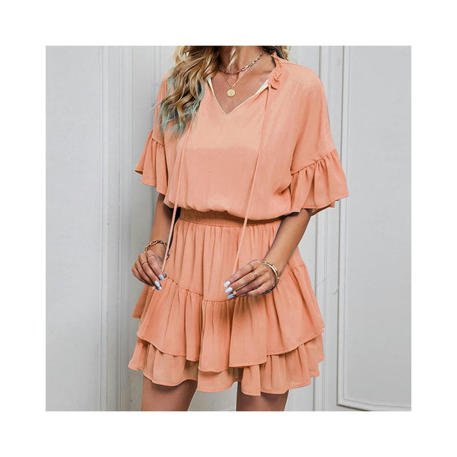 Womens Summer Ruffle Short Sleeve V Neck Sun Dress Mini Dress