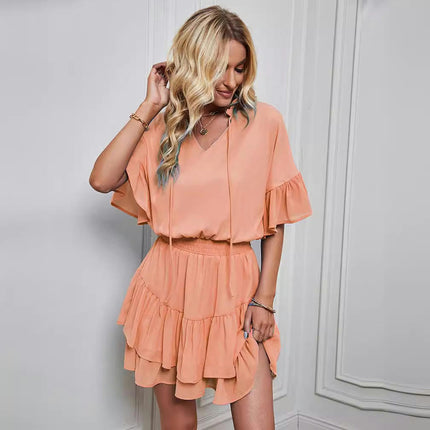 Womens Summer Ruffle Short Sleeve V Neck Sun Dress Mini Dress