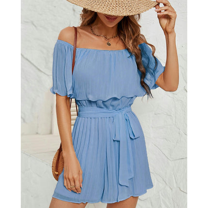 Womens Off Shoulder Pleated High Waist Short Jumpsuit Ruffle Playsuit Rompers