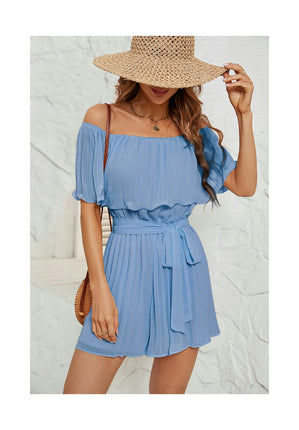 Womens Off Shoulder Pleated High Waist Short Jumpsuit Ruffle Playsuit Rompers