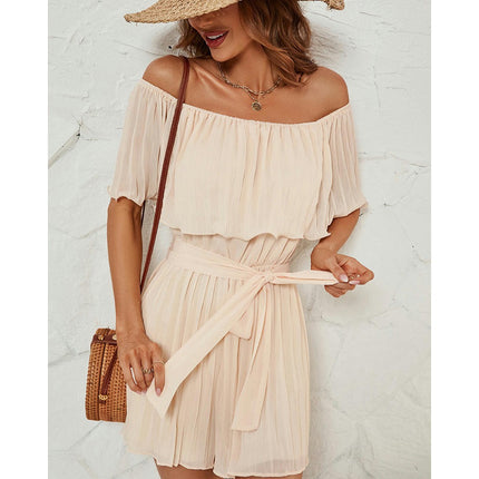 Womens Off Shoulder Pleated High Waist Short Jumpsuit Ruffle Playsuit Rompers