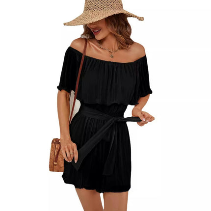 Womens Off Shoulder Pleated High Waist Short Jumpsuit Ruffle Playsuit Rompers