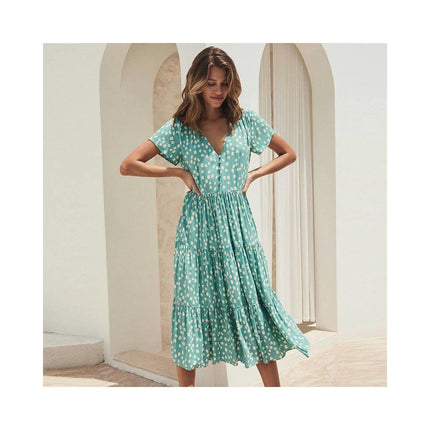 Women Summer Floral V Neck Short Sleeve Tiered Ruffle Long Dresses