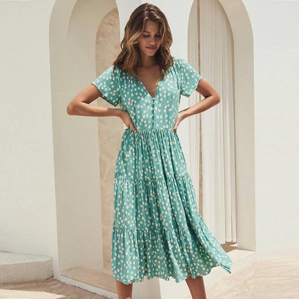 Women Summer Floral V Neck Short Sleeve Tiered Ruffle Long Dresses