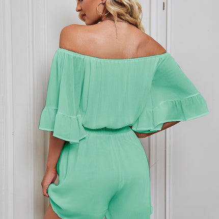 Women Chiffon Off Shoulder Summer Romper Casual One Piece Strapless Shorts Jumpsuit