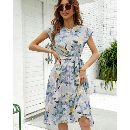 Womens Floral Summer Short Sleeve Round Neck Printed Tie Waist Boho Flowy Midi Dress