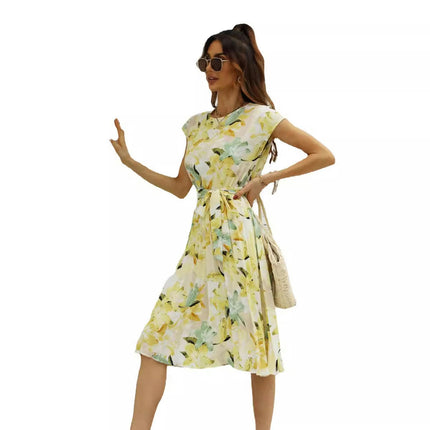 Womens Floral Summer Short Sleeve Round Neck Printed Tie Waist Boho Flowy Midi Dress