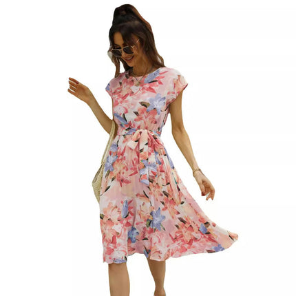 Womens Floral Summer Short Sleeve Round Neck Printed Tie Waist Boho Flowy Midi Dress