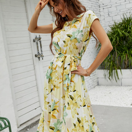 Womens Floral Summer Short Sleeve Round Neck Printed Tie Waist Boho Flowy Midi Dress