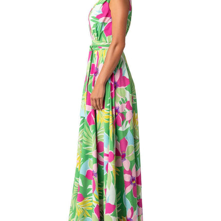 Women's Boho Floral Printed Deep V Neck Sleeveless Wrap Flowy Maxi Dress