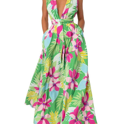 Women's Boho Floral Printed Deep V Neck Sleeveless Wrap Flowy Maxi Dress