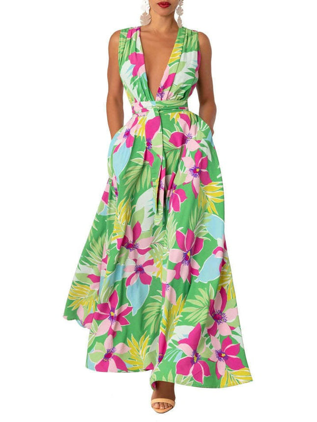 Women's Boho Floral Printed Deep V Neck Sleeveless Wrap Flowy Maxi Dress