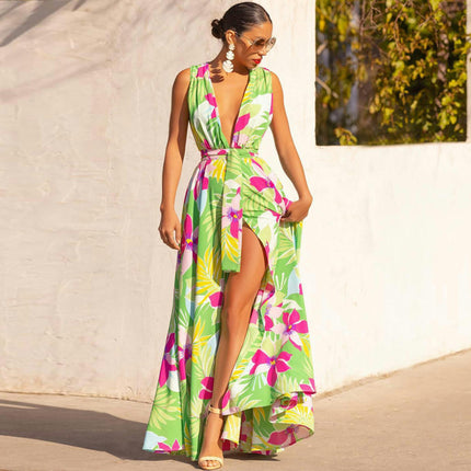 Women's Boho Floral Printed Deep V Neck Sleeveless Wrap Flowy Maxi Dress