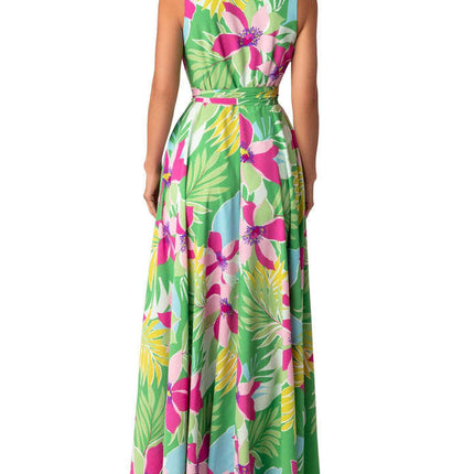 Women's Boho Floral Printed Deep V Neck Sleeveless Wrap Flowy Maxi Dress