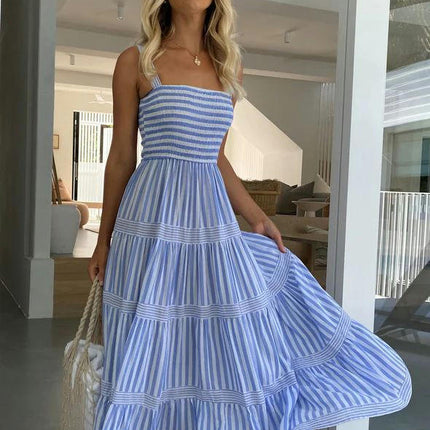 Womens Spaghetti Strap Smocked Tiered Ruffle Beach Long Dress