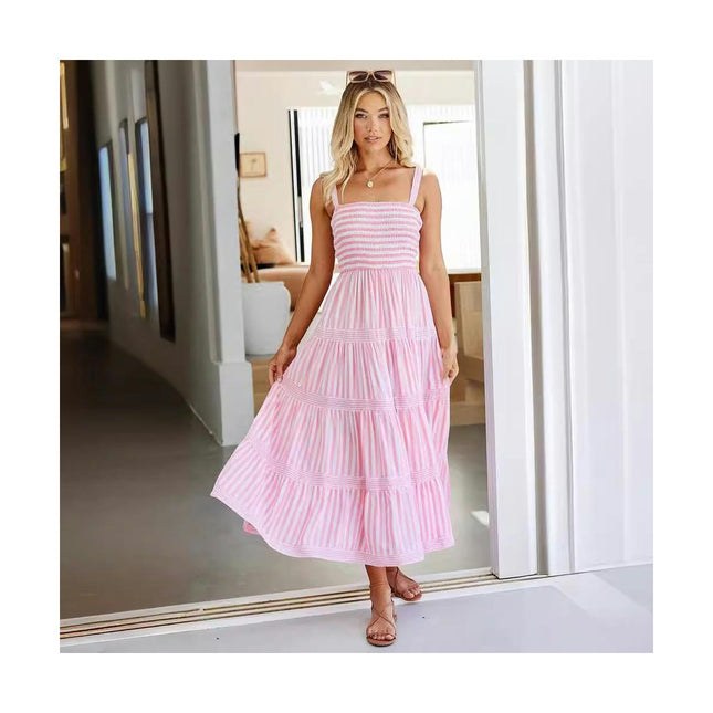 Womens Spaghetti Strap Smocked Tiered Ruffle Beach Long Dress