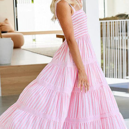 Womens Spaghetti Strap Smocked Tiered Ruffle Beach Long Dress