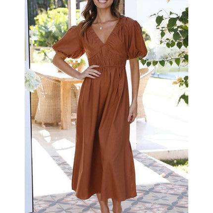 Women's Boho V Neck Puff Short Sleeve Smocked Flowy A Line Beach Maxi Dress