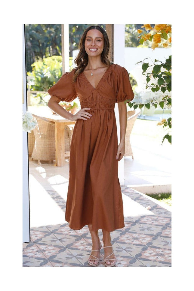 Women's Boho V Neck Puff Short Sleeve Smocked Flowy A Line Beach Maxi Dress