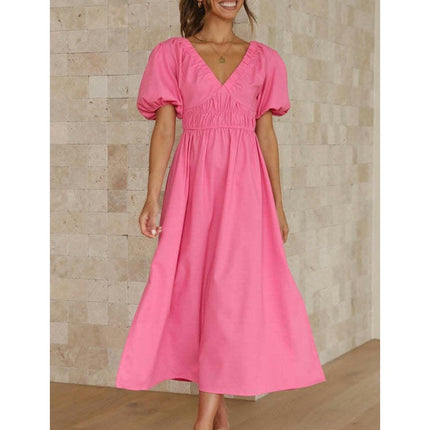 Women's Boho V Neck Puff Short Sleeve Smocked Flowy A Line Beach Maxi Dress