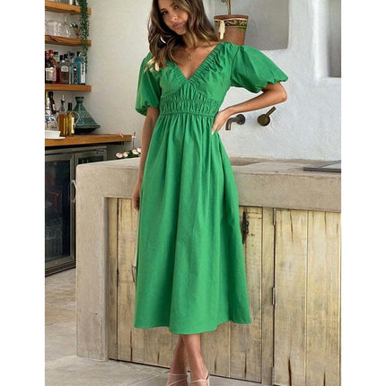 Women's Boho V Neck Puff Short Sleeve Smocked Flowy A Line Beach Maxi Dress