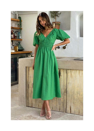 Women's Boho V Neck Puff Short Sleeve Smocked Flowy A Line Beach Maxi Dress