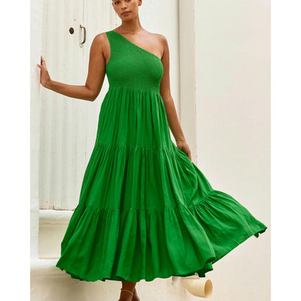 Women's Boho Summer One Shoulder Sleeveless Smocked Ruffle Swing Maxi Dress