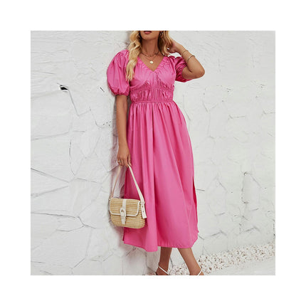 Women's Summer Short Sleeve V Neck Smocked Boho Flowy Maxi Dress