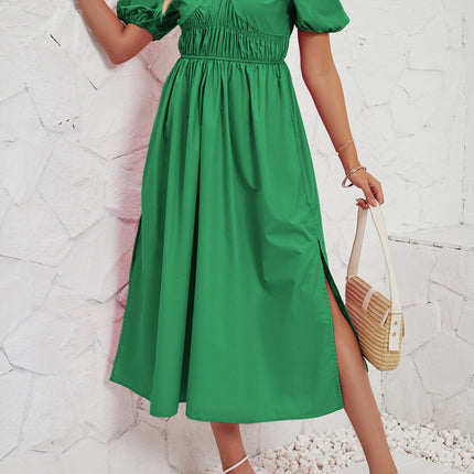 Women's Summer Short Sleeve V Neck Smocked Boho Flowy Maxi Dress